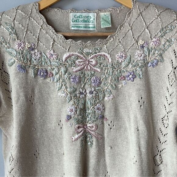 Vintage Cottage Core Knit Pearl Colleens Collectables Embroidered Sweater - Picture 2 of 7